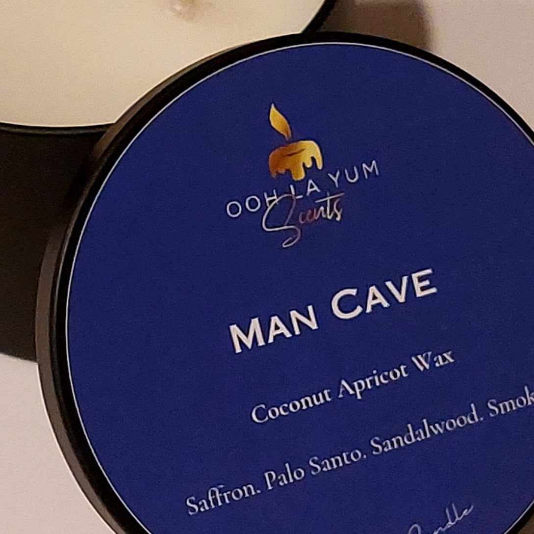 Man Cave candle. A black 8 oz jar.
