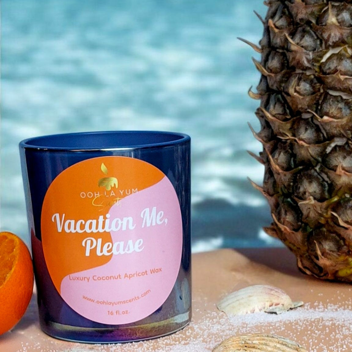 Vacation Me, Please Candle packed in a beautiful blue iridescent jar