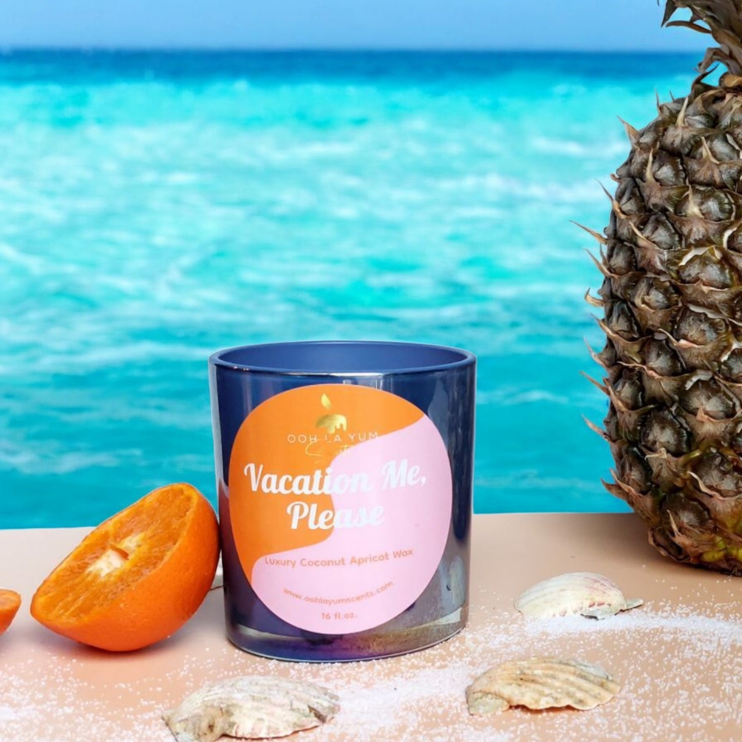 'Vacation Me Please' candle in a beautiful blue iridescent candle jar
