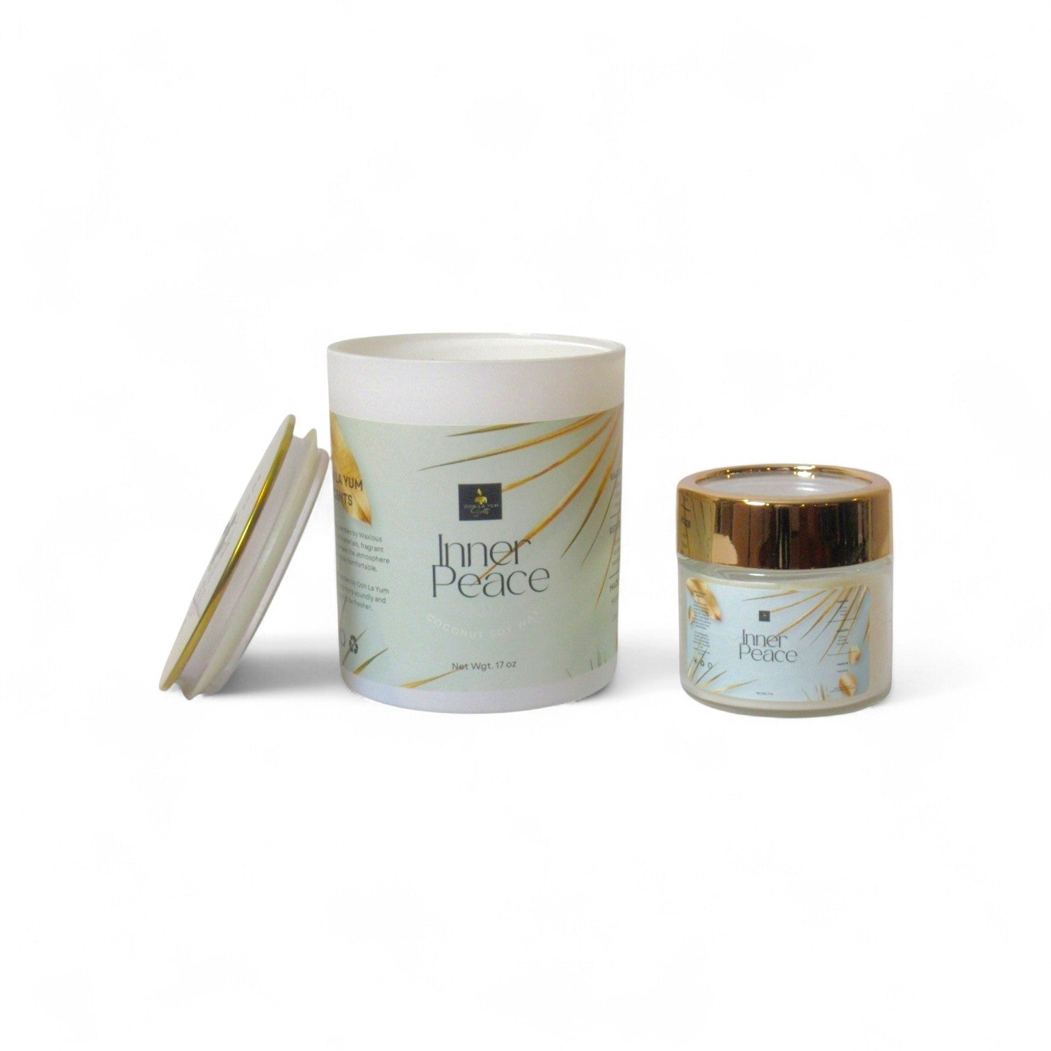 Candle with 'Inner Peace' packaging on a white background