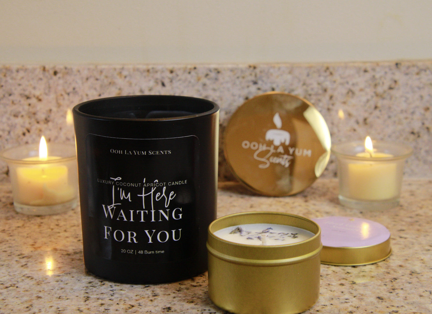 Candles sitting on the counter 