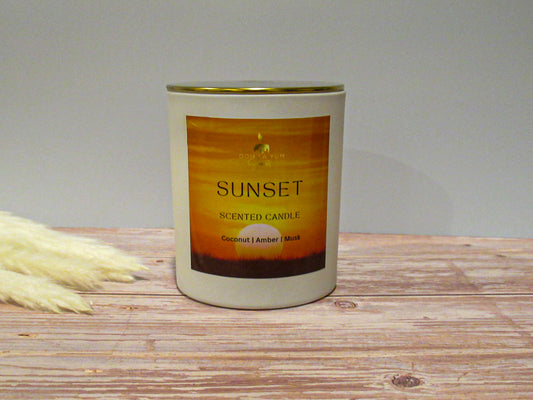 The luxury Sunset candle 15 oz white glass jar.