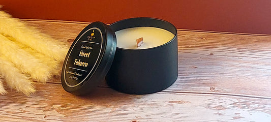 Sweet Tobacco candle in an 8 oz round black candle jar.