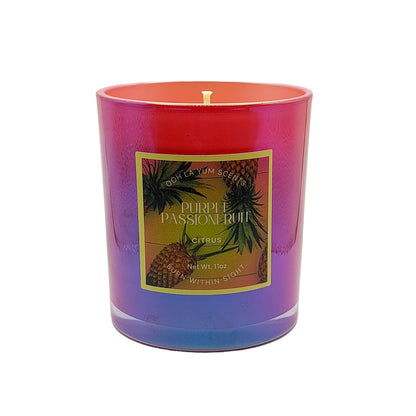 Purple Passionfruit Candle in a pink iridescent jar with a single wick. 