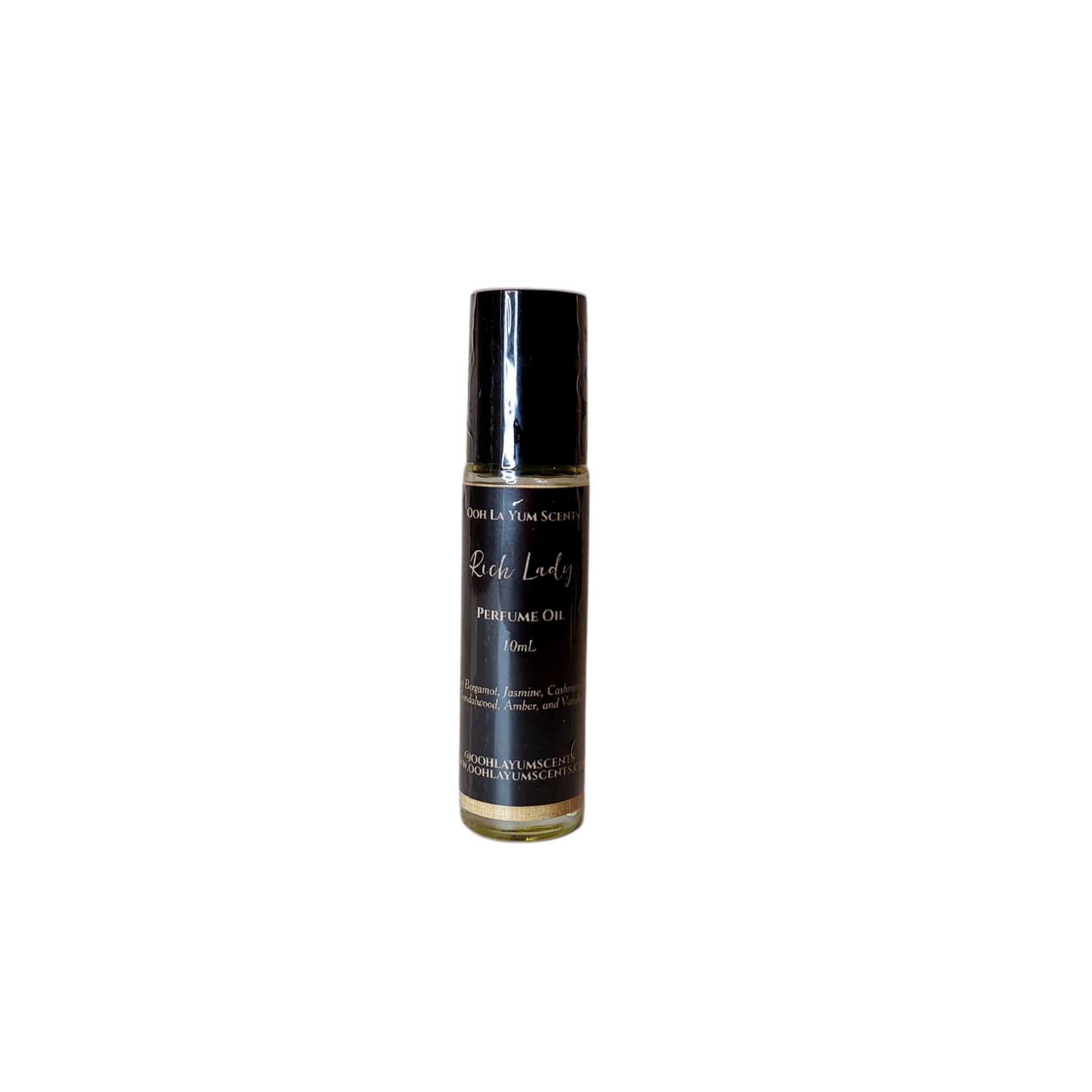 Perfume oil bottle labeled 'Rich Lady' on a white background