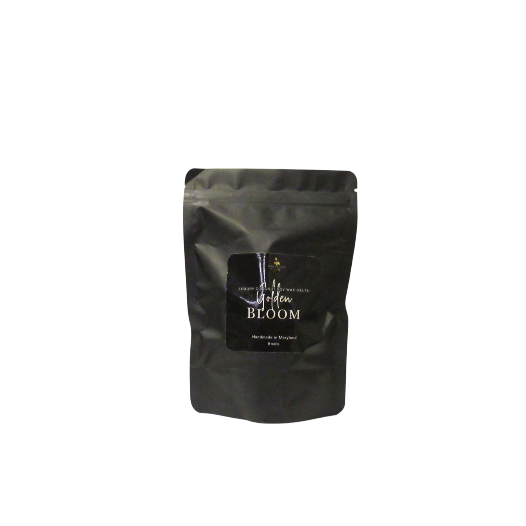 Black coffee packaging labeled 'Golden Bloom' on a white background