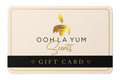 Oohl A Yum Scents gift card with a gold candle logo on a light gray background