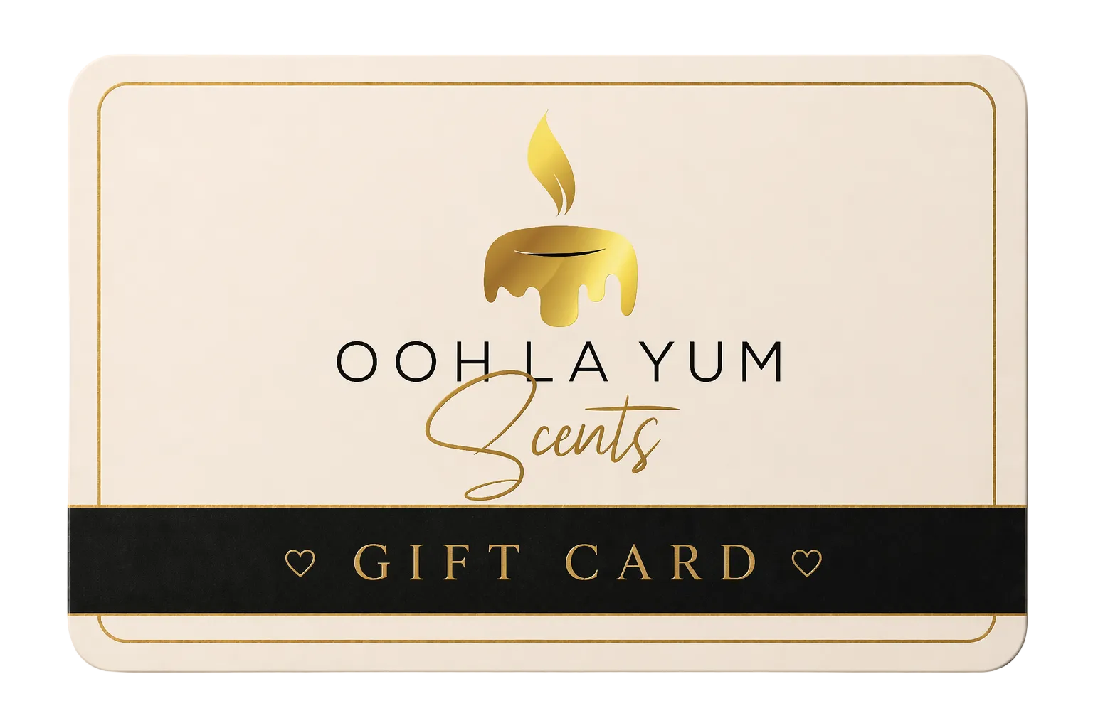 Oohl A Yum Scents gift card with a gold candle logo on a light gray background