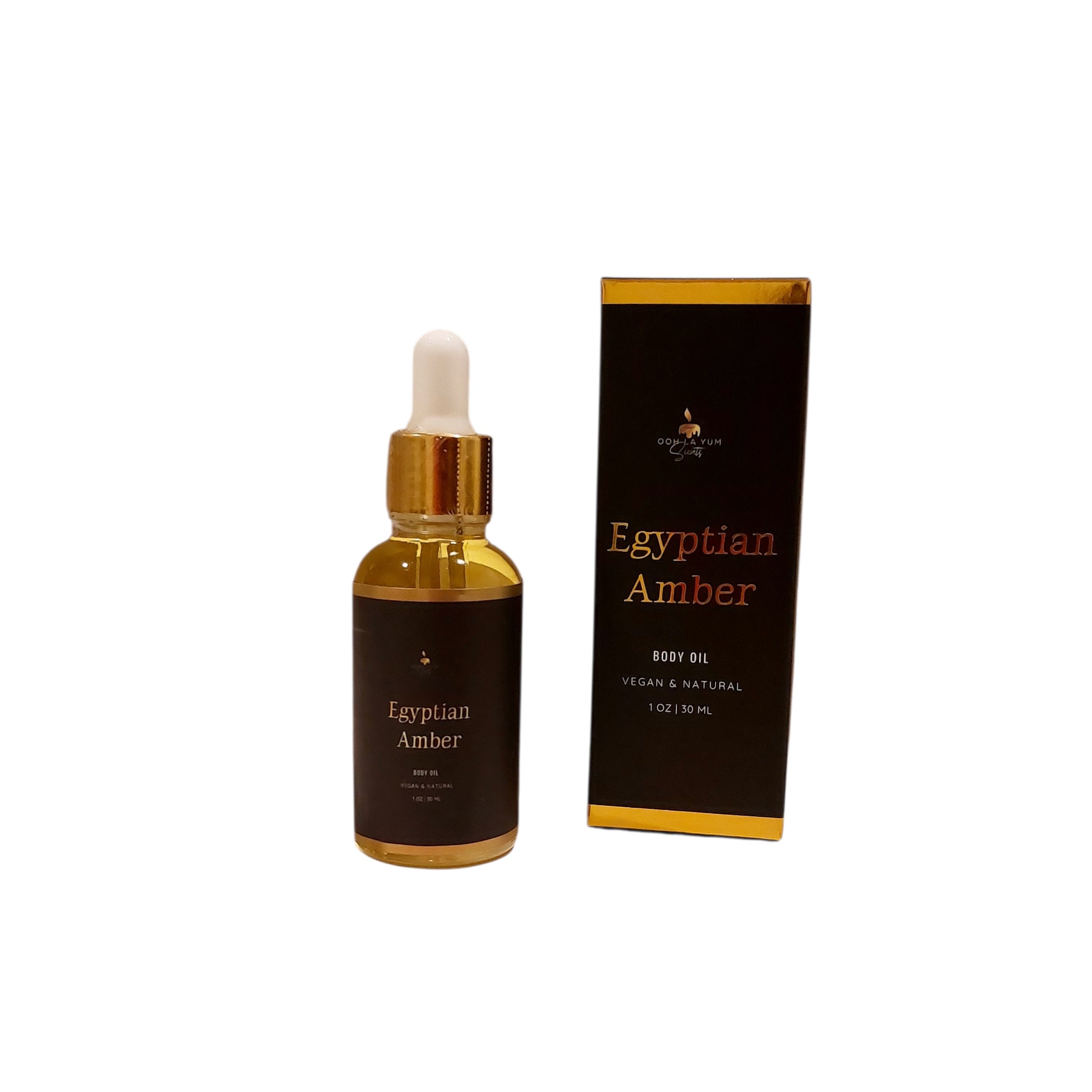 Egyptian Amber body oil bottle and packaging on a white background