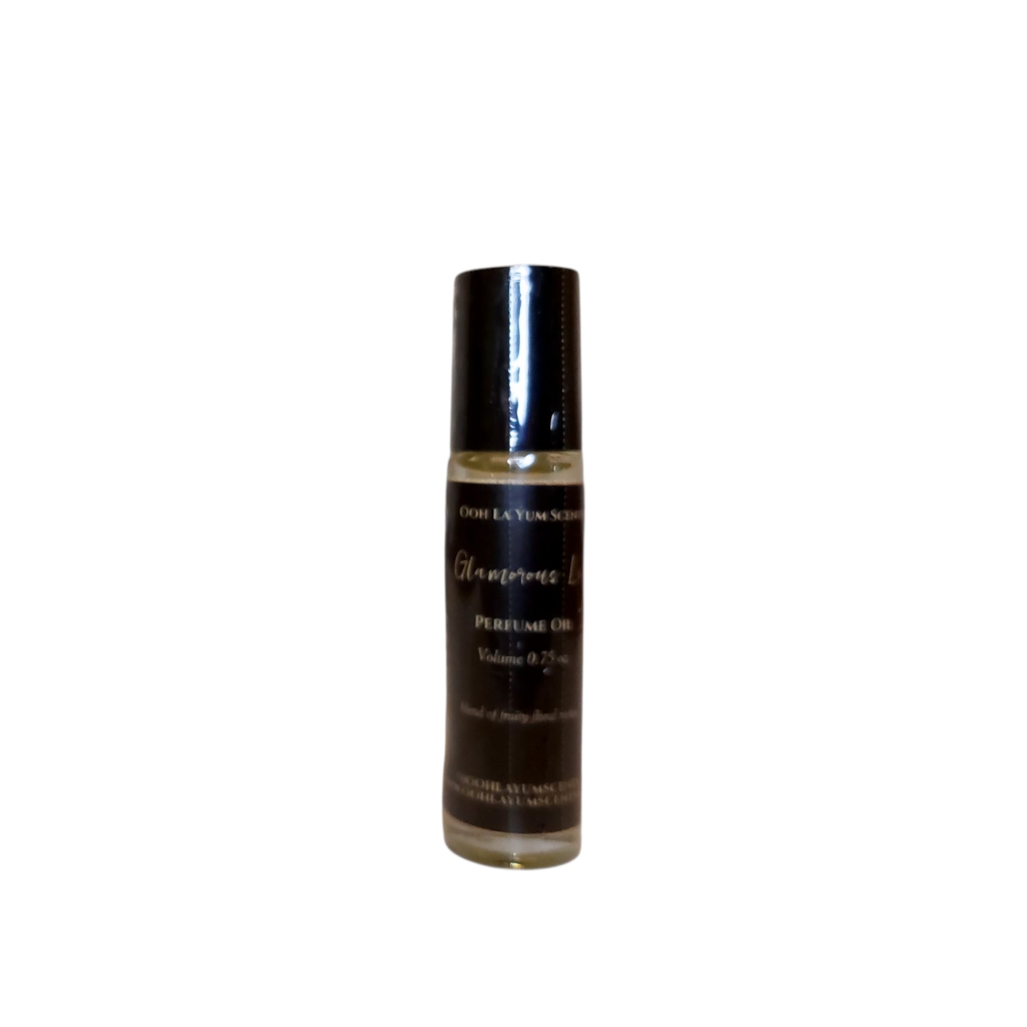 Perfume oil bottle with 'Glamorous Life' label on a white background