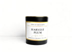 Candle labeled 'Harvest Plum' by Ooh La Yum Scents on a white background