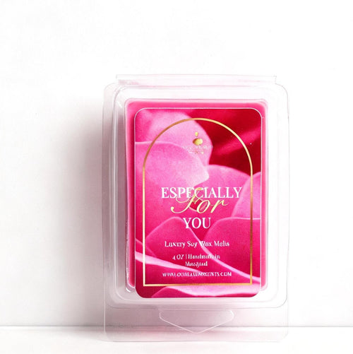 Pink wax melt package with 'Especially For You' text on a white background